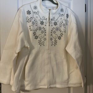 Alfred Dunner Cream Jacket with Gray Floral Embroidery